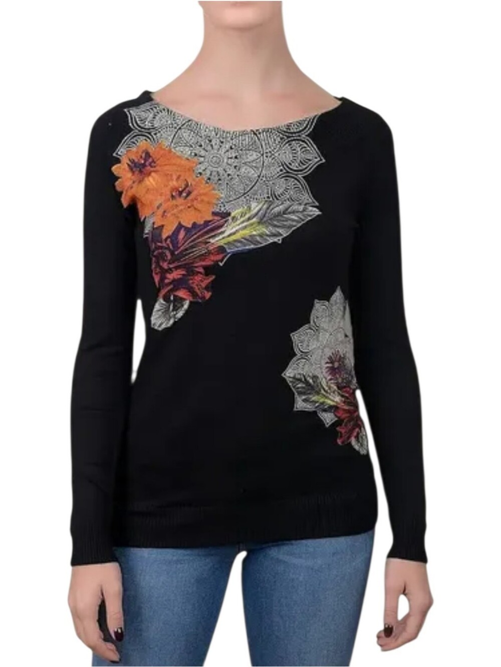 Desigual Floral Mandala Sweater with Sequins Black Multicolor Medium